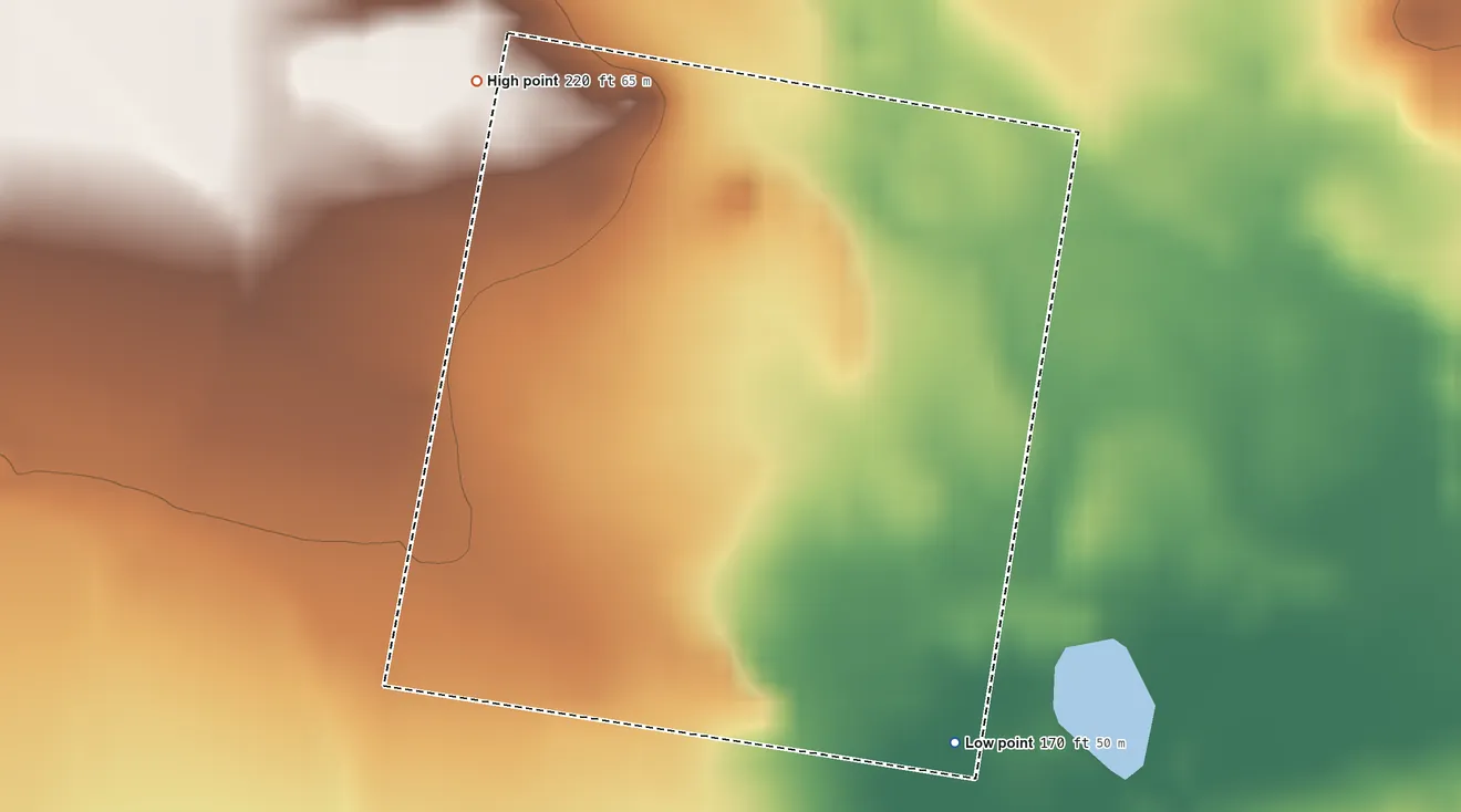 Topographic elevation map of Mi Ranchito Estate, Texas, shaded from 170 ft on the southeast side to 220 ft on the northwest side