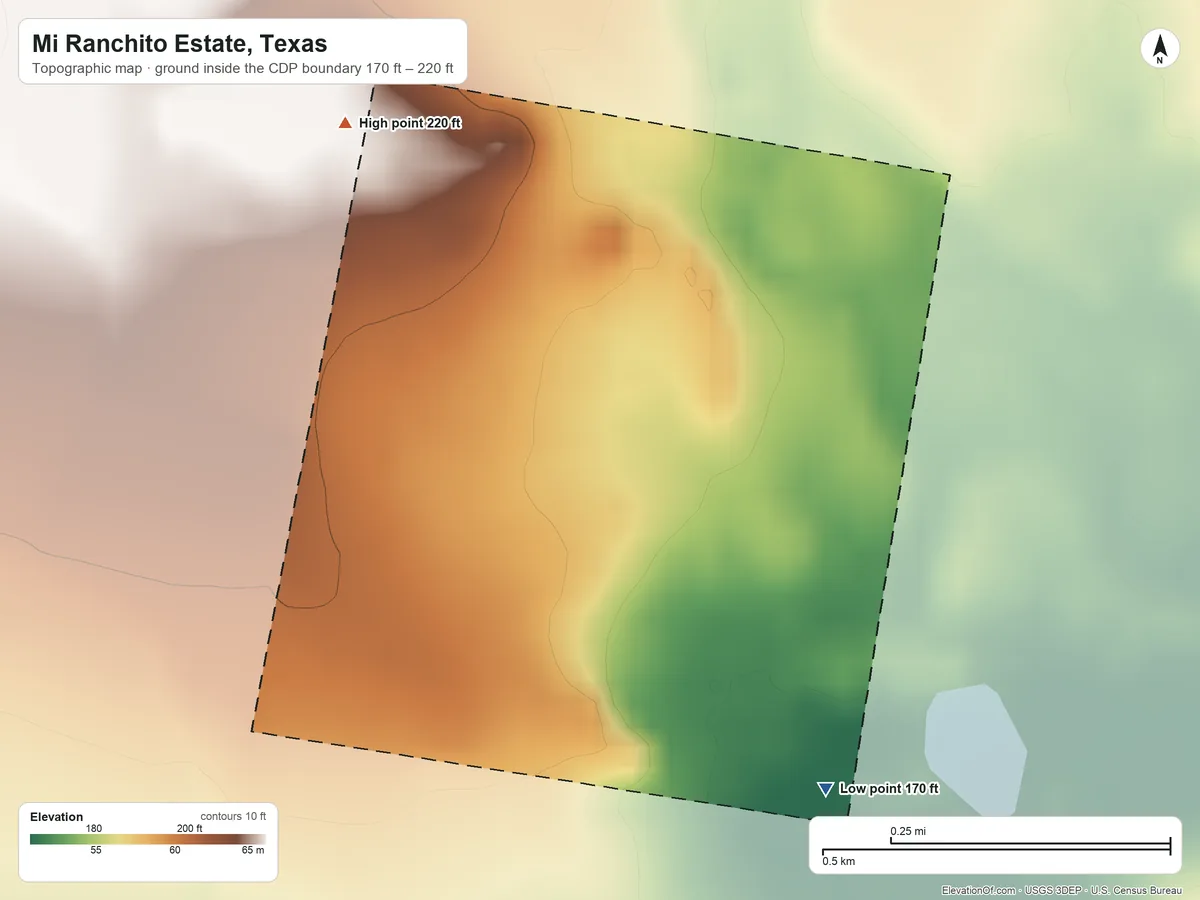 Topographic elevation map of Mi Ranchito Estate, Texas, shaded from 170 ft on the southeast side to 220 ft on the northwest side