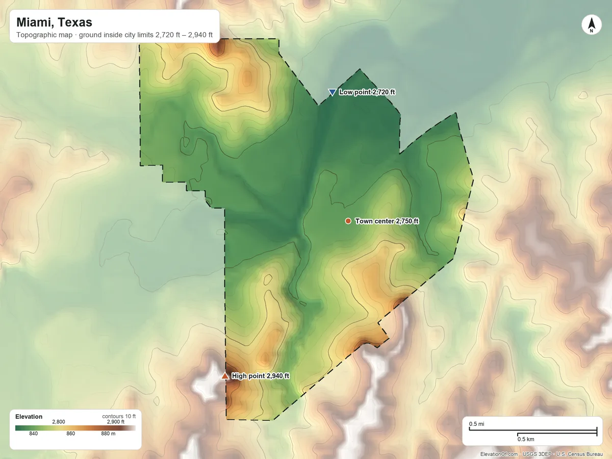 Topographic elevation map of Miami, Texas, shaded from 2,720 ft on the north side to 2,940 ft on the southwest side