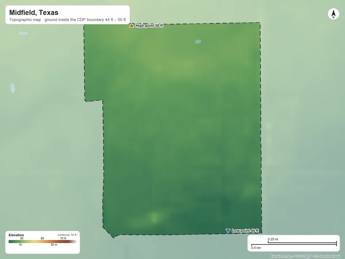 Topographic elevation map of Midfield, Texas, shaded from 44 ft on the southeast side to 50 ft on the north side