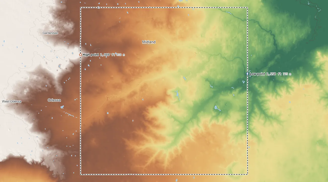 Topographic elevation map of Midland County, Texas, shaded from 2,550 ft on the east side to 2,980 ft on the northwest side