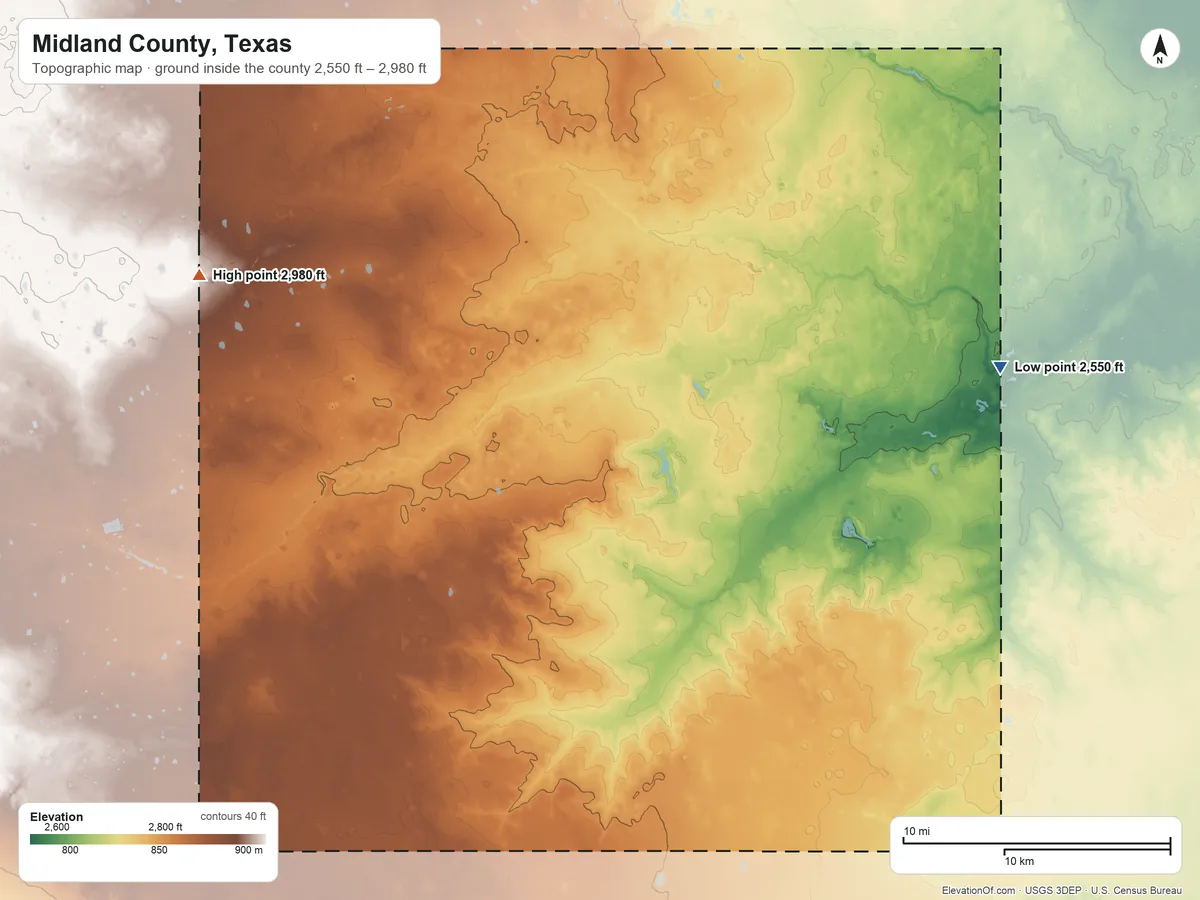 Topographic elevation map of Midland County, Texas, shaded from 2,550 ft on the east side to 2,980 ft on the northwest side