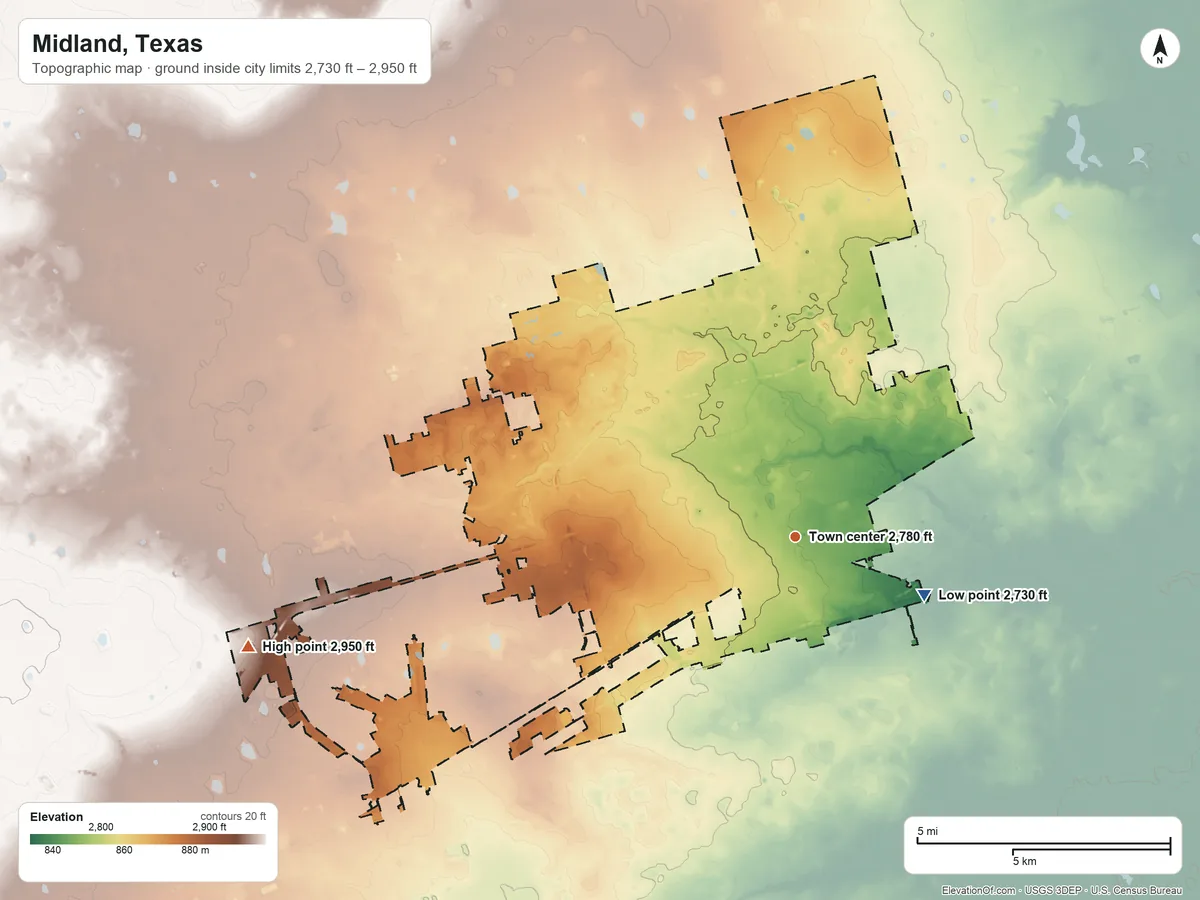 Topographic elevation map of Midland, Texas, shaded from 2,730 ft on the southeast side to 2,950 ft on the west side