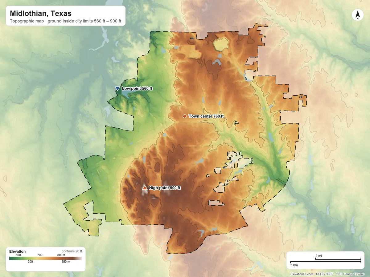 Topographic elevation map of Midlothian, Texas, shaded from 560 ft on the northwest side to 900 ft on the southwest side