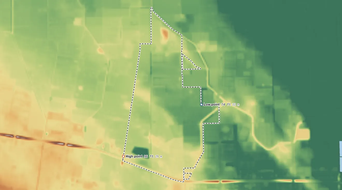 Topographic elevation map of Midway North, Texas, shaded from 74 ft on the east side to 96 ft on the southwest side