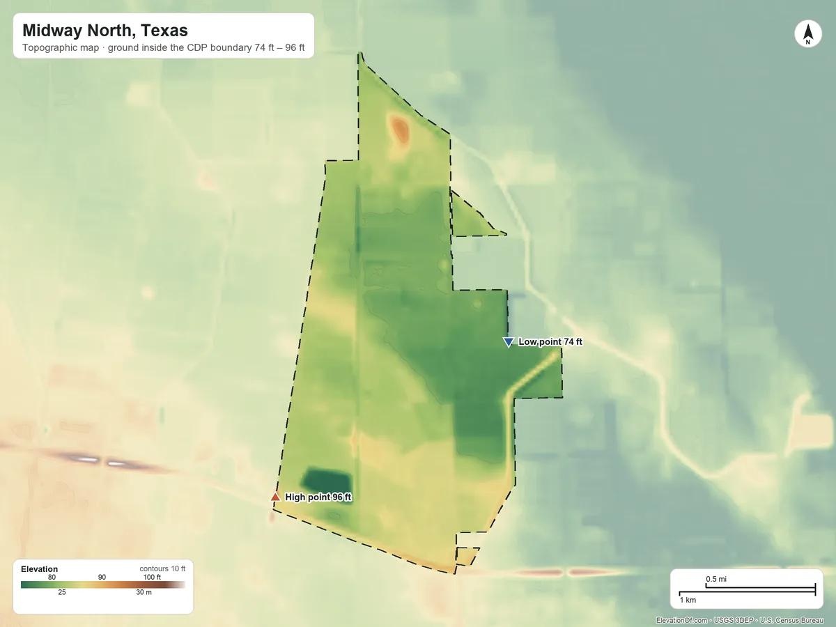 Topographic elevation map of Midway North, Texas, shaded from 74 ft on the east side to 96 ft on the southwest side