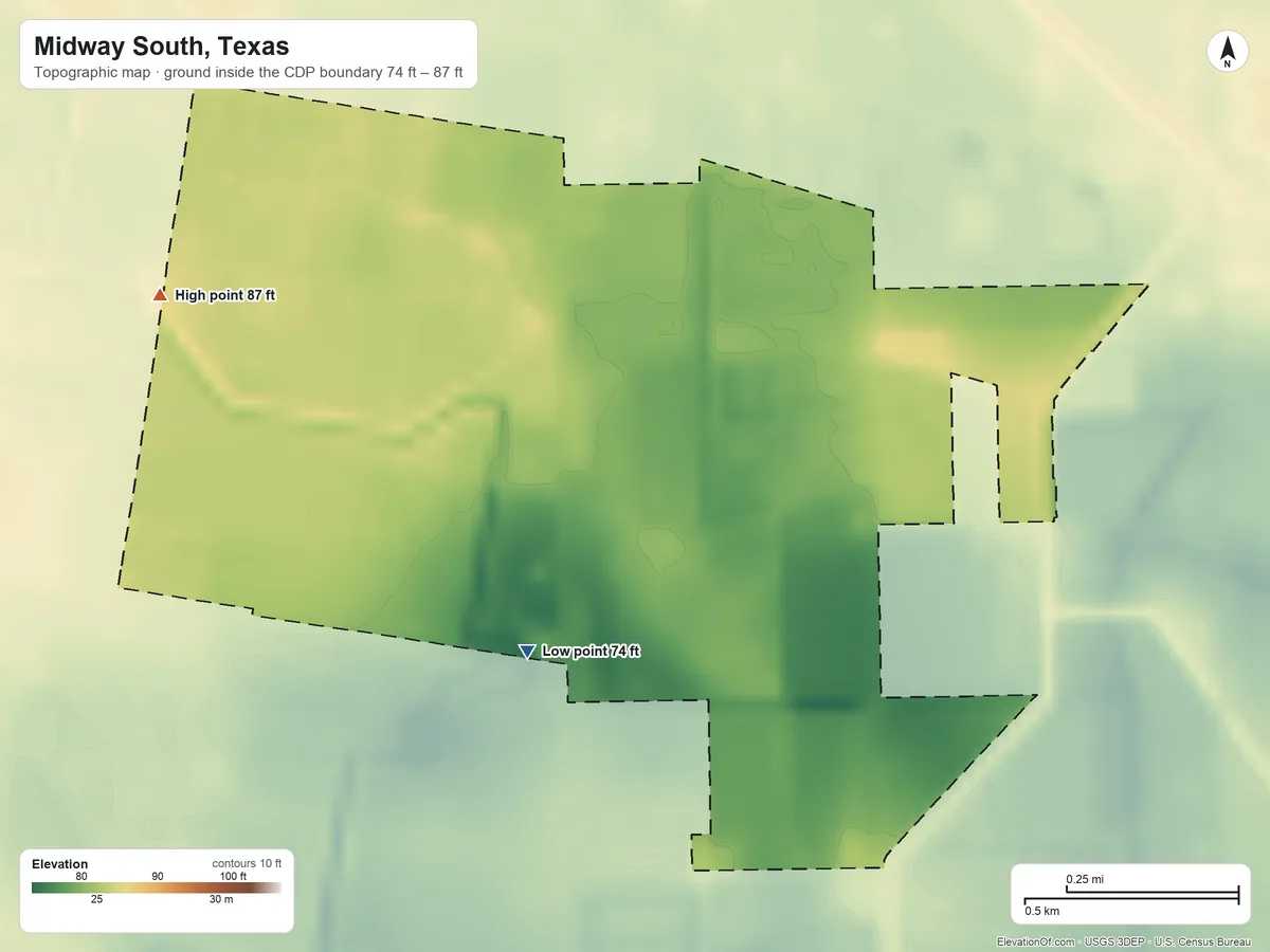 Topographic elevation map of Midway South, Texas, shaded from 74 ft on the south side to 87 ft on the west side