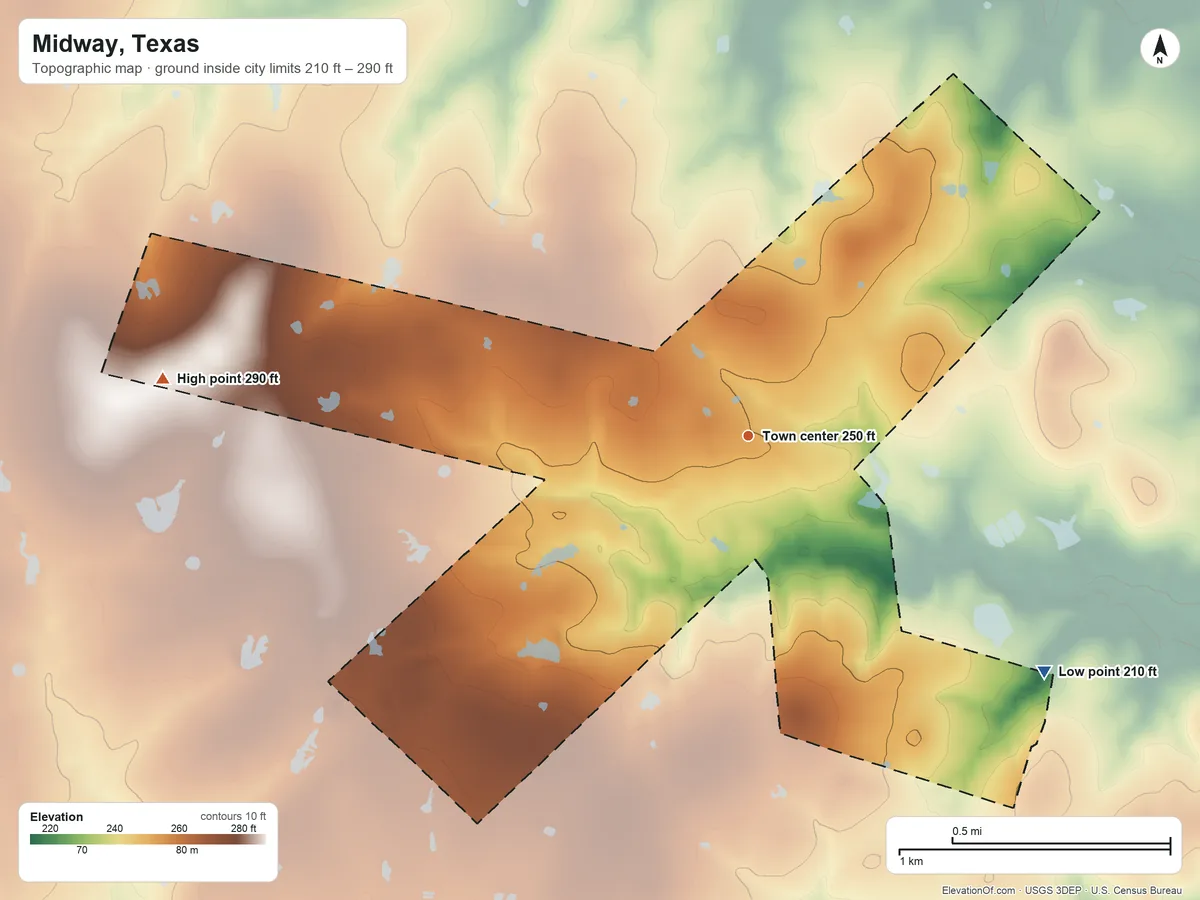 Topographic elevation map of Midway, Texas, shaded from 210 ft on the southeast side to 290 ft on the west side