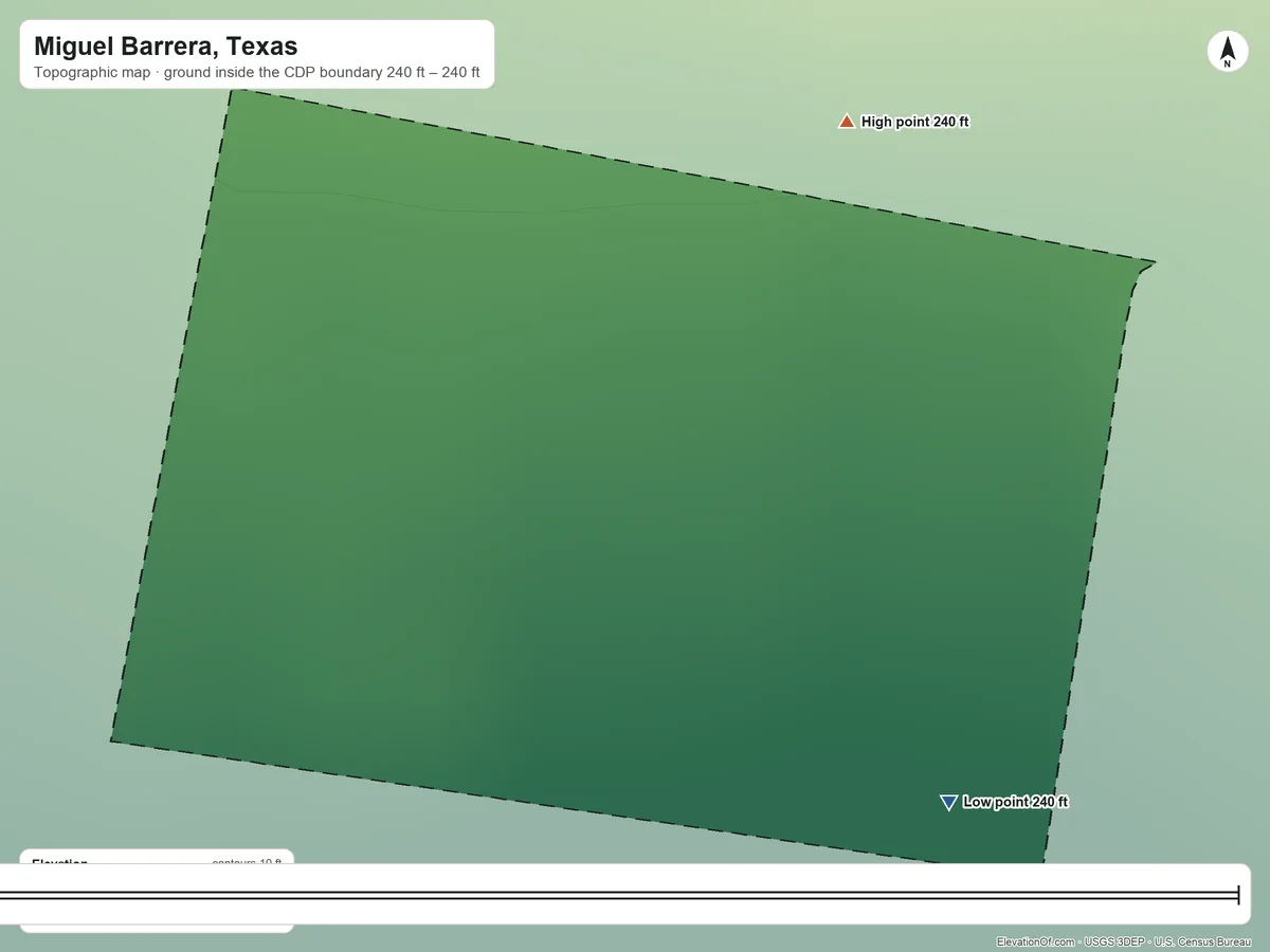 Topographic elevation map of Miguel Barrera, Texas, shaded from 240 ft on the southeast side to 240 ft on the northeast side
