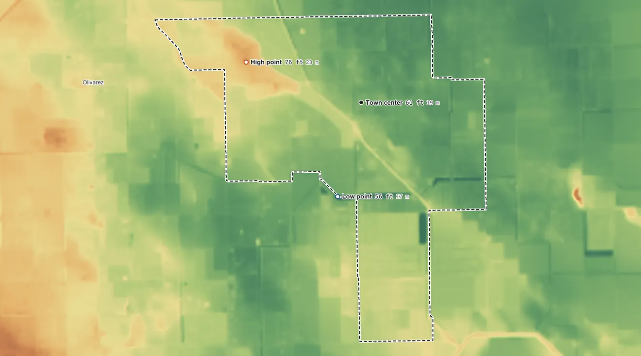 Topographic elevation map of Mila Doce, Texas, shaded from 56 ft on the south side to 76 ft on the west side