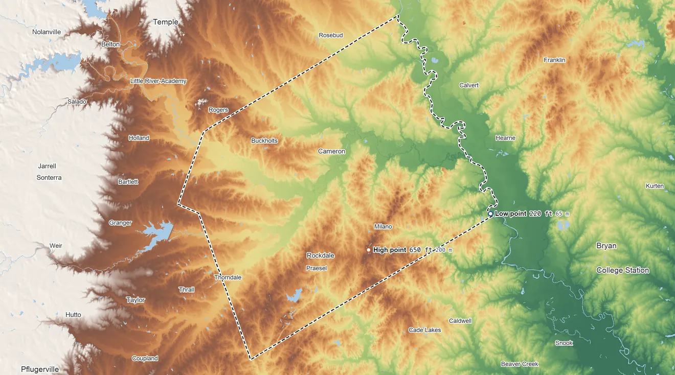 Topographic elevation map of Milam County, Texas, shaded from 220 ft on the east side to 650 ft on Taylor Mountain