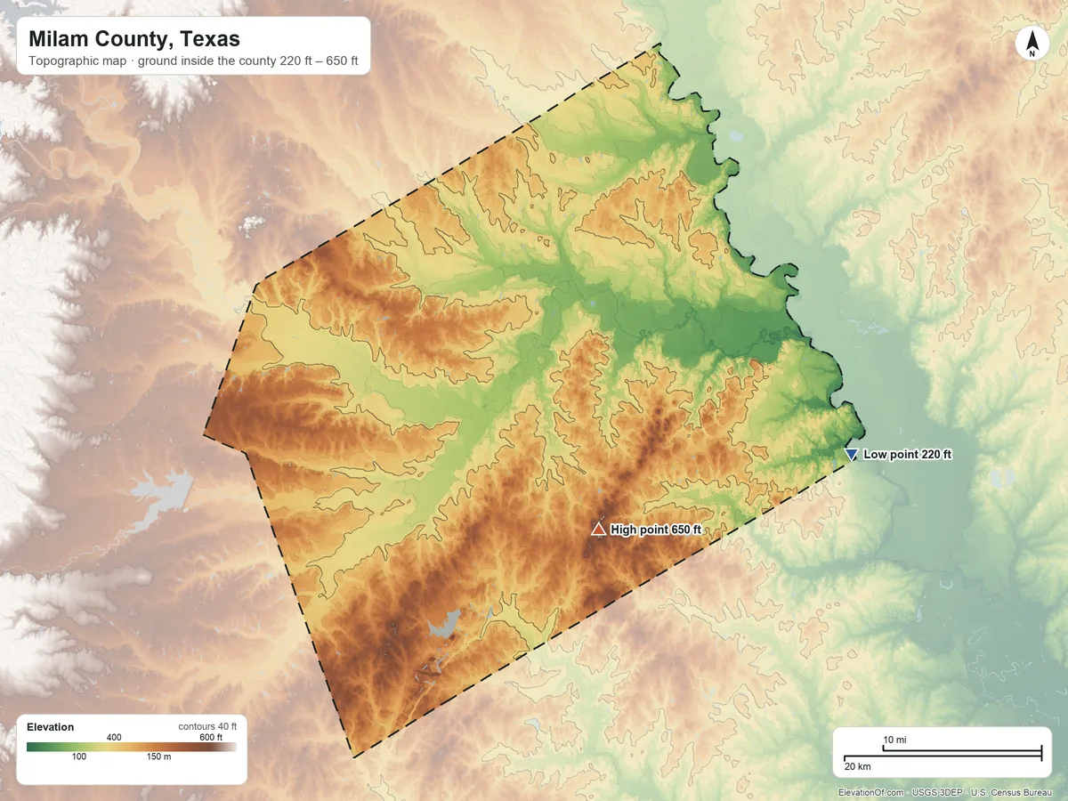 Topographic elevation map of Milam County, Texas, shaded from 220 ft on the east side to 650 ft on Taylor Mountain