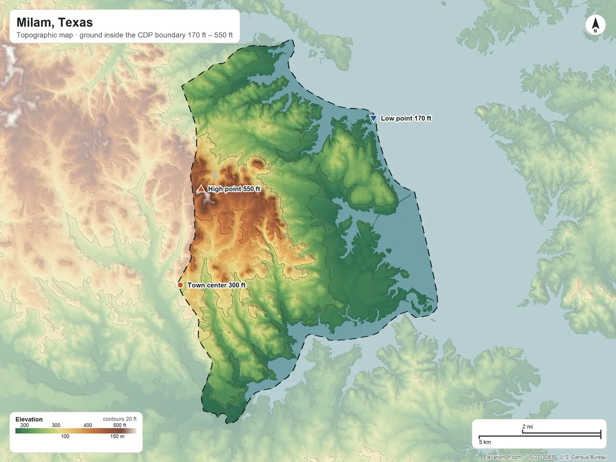 Topographic elevation map of Milam, Texas, shaded from 170 ft on the northeast side to 550 ft on the north side