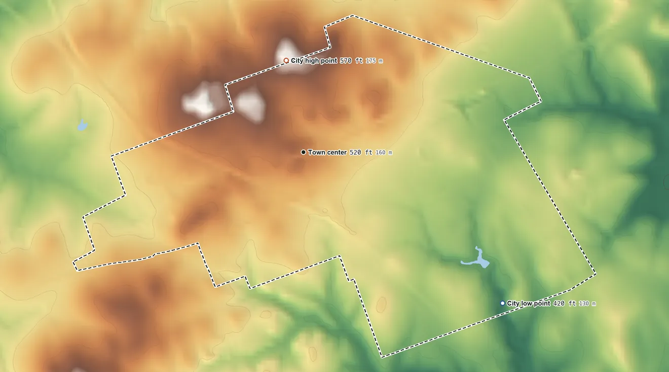 Topographic elevation map of Milano, Texas, shaded from 420 ft on the southeast side to 570 ft on the north side