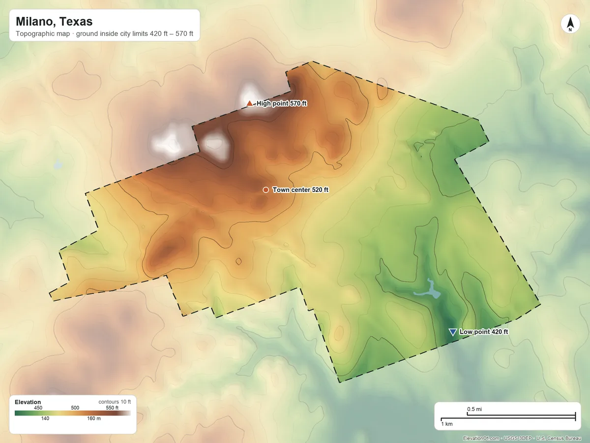 Topographic elevation map of Milano, Texas, shaded from 420 ft on the southeast side to 570 ft on the north side