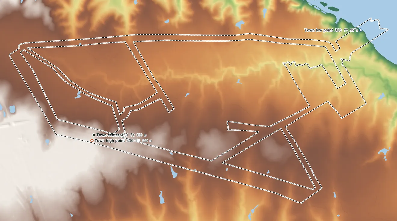 Topographic elevation map of Mildred, Texas, shaded from 310 ft on the east side to 430 ft near the middle