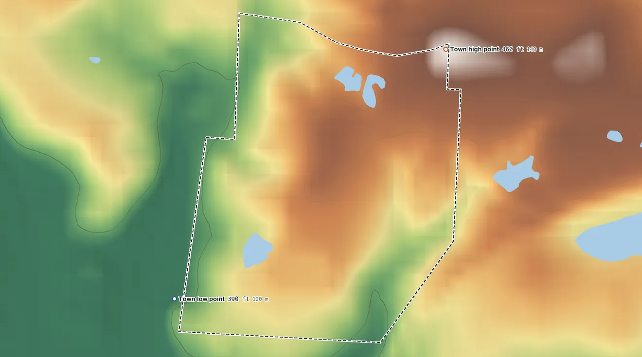 Topographic elevation map of Miller's Cove, Texas, shaded from 390 ft on the southwest side to 460 ft on the northeast side