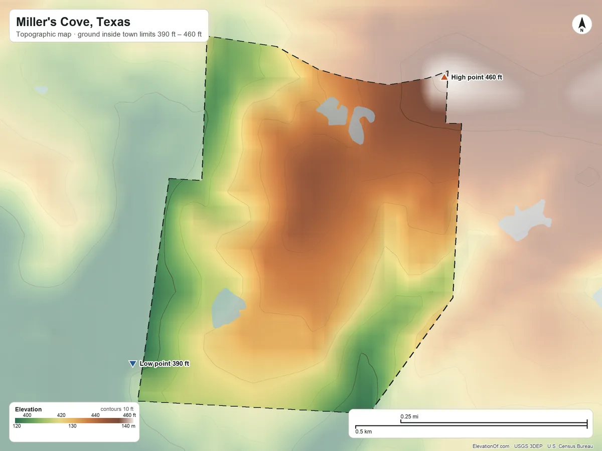 Topographic elevation map of Miller's Cove, Texas, shaded from 390 ft on the southwest side to 460 ft on the northeast side