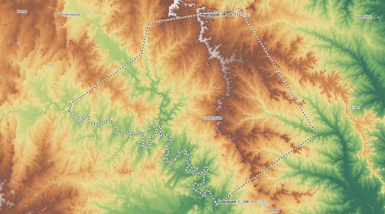Topographic elevation map of Mills County, Texas, shaded from 1,100 ft on the south side to 1,800 ft on the north side