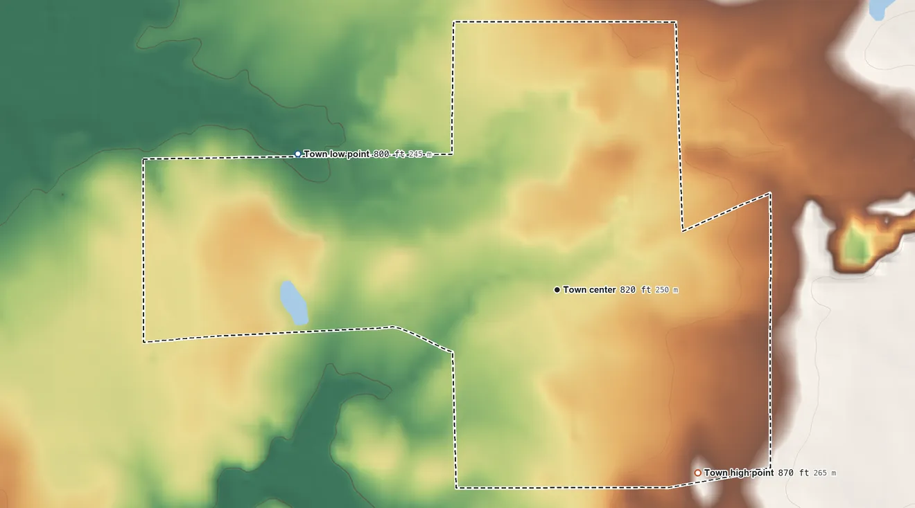 Topographic elevation map of Millsap, Texas, shaded from 800 ft on the northwest side to 870 ft on the southeast side