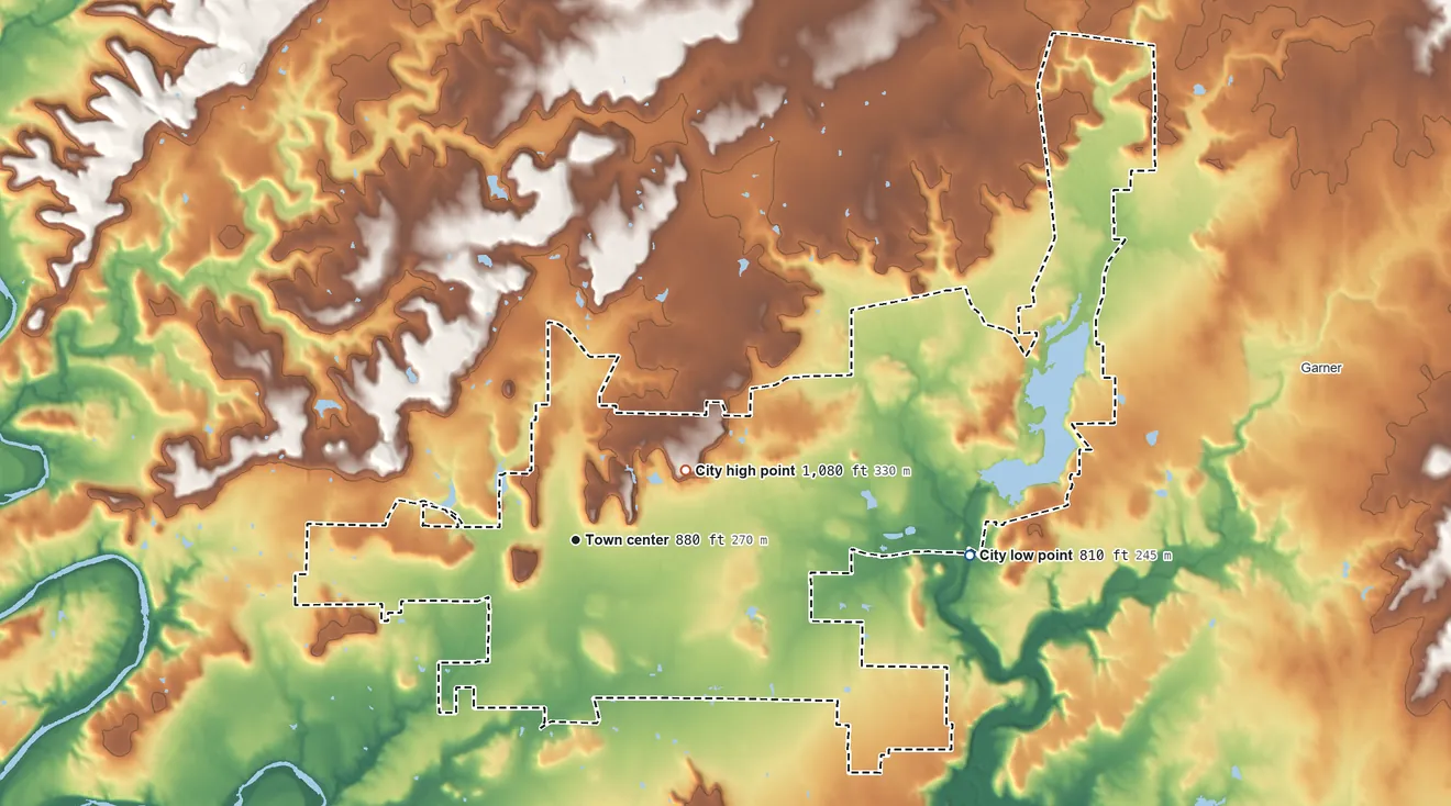 Topographic elevation map of Mineral Wells, Texas, shaded from 810 ft on the east side to 1,080 ft on the northeast side