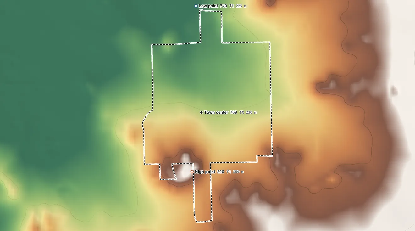 Topographic elevation map of Mirando City, Texas, shaded from 740 ft on the north side to 820 ft on the south side