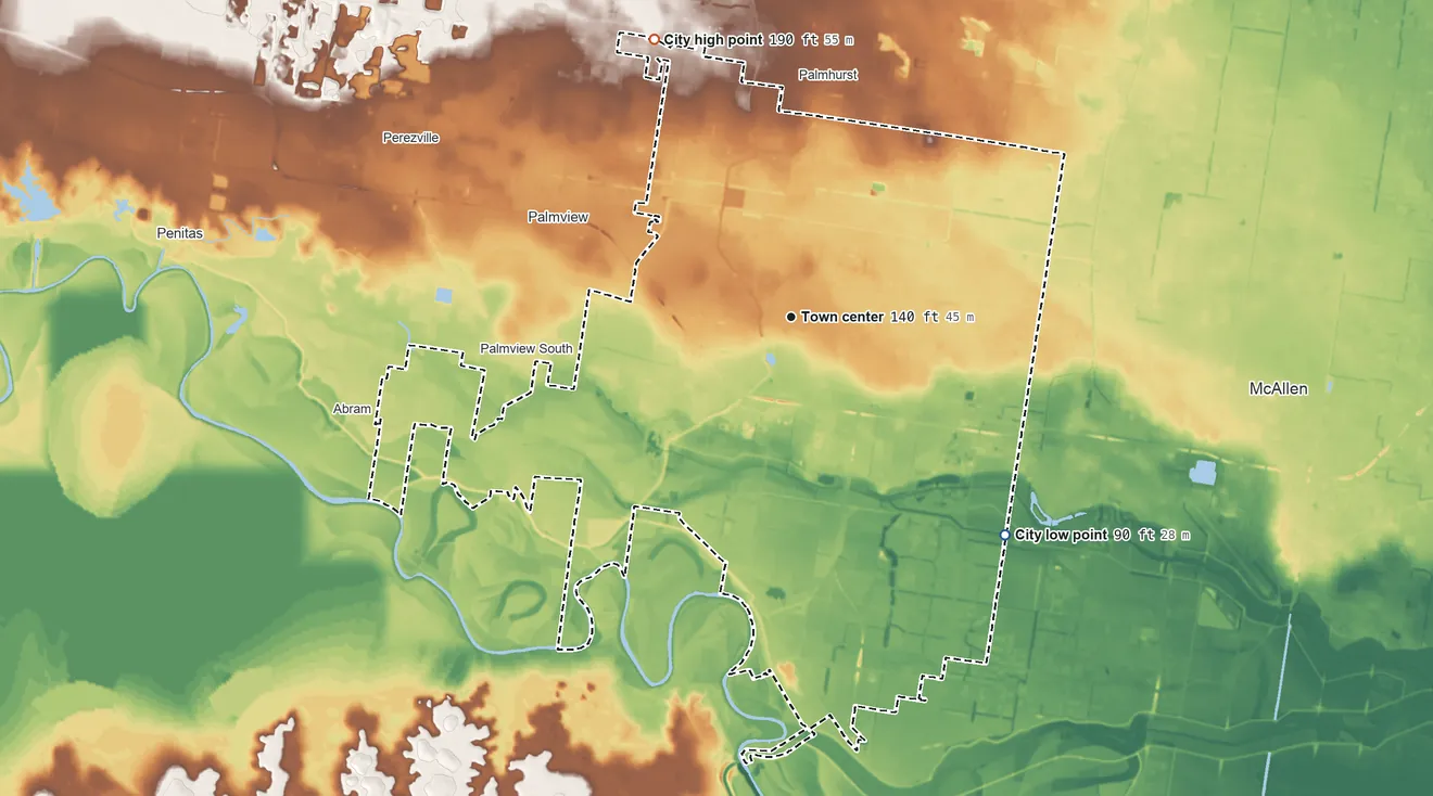 Topographic elevation map of Mission, Texas, shaded from 90 ft on the southeast side to 190 ft on the northwest side