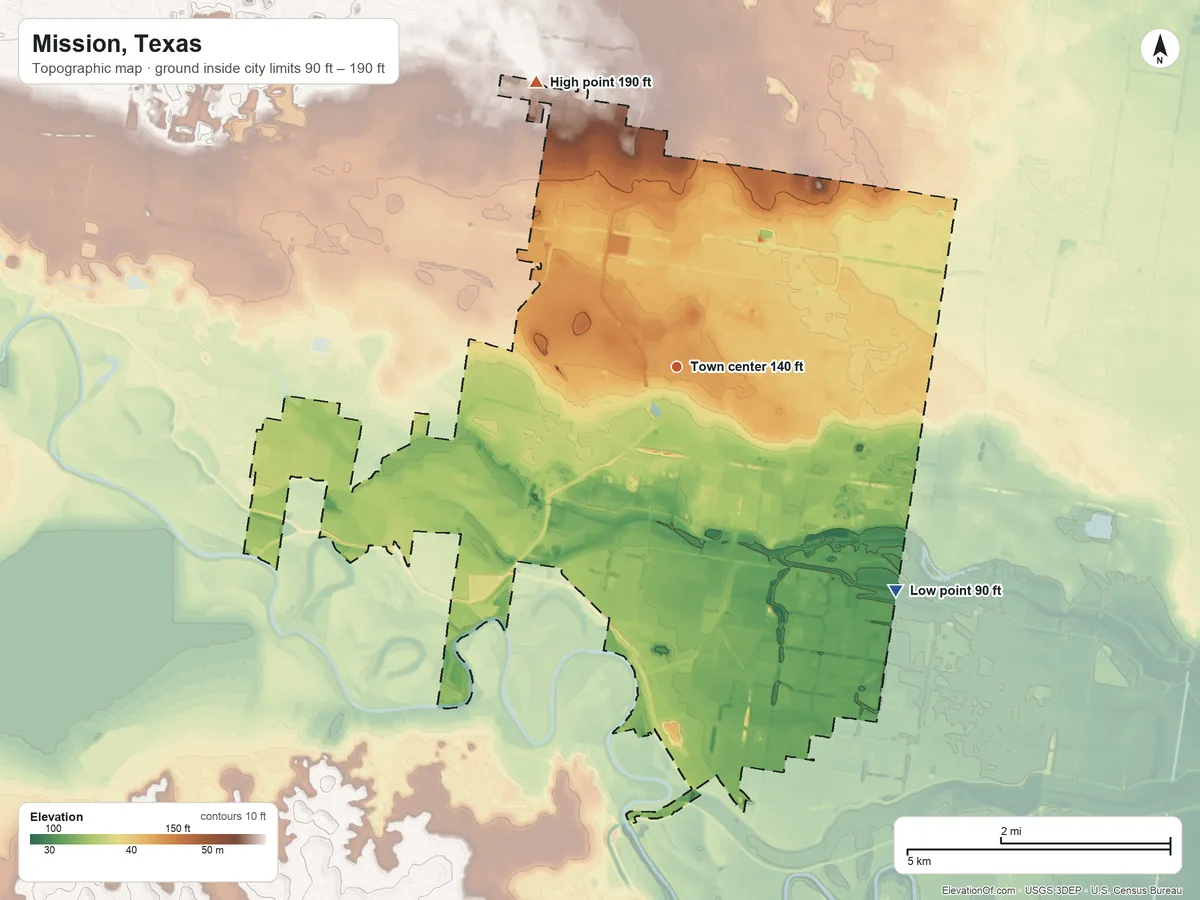 Topographic elevation map of Mission, Texas, shaded from 90 ft on the southeast side to 190 ft on the northwest side