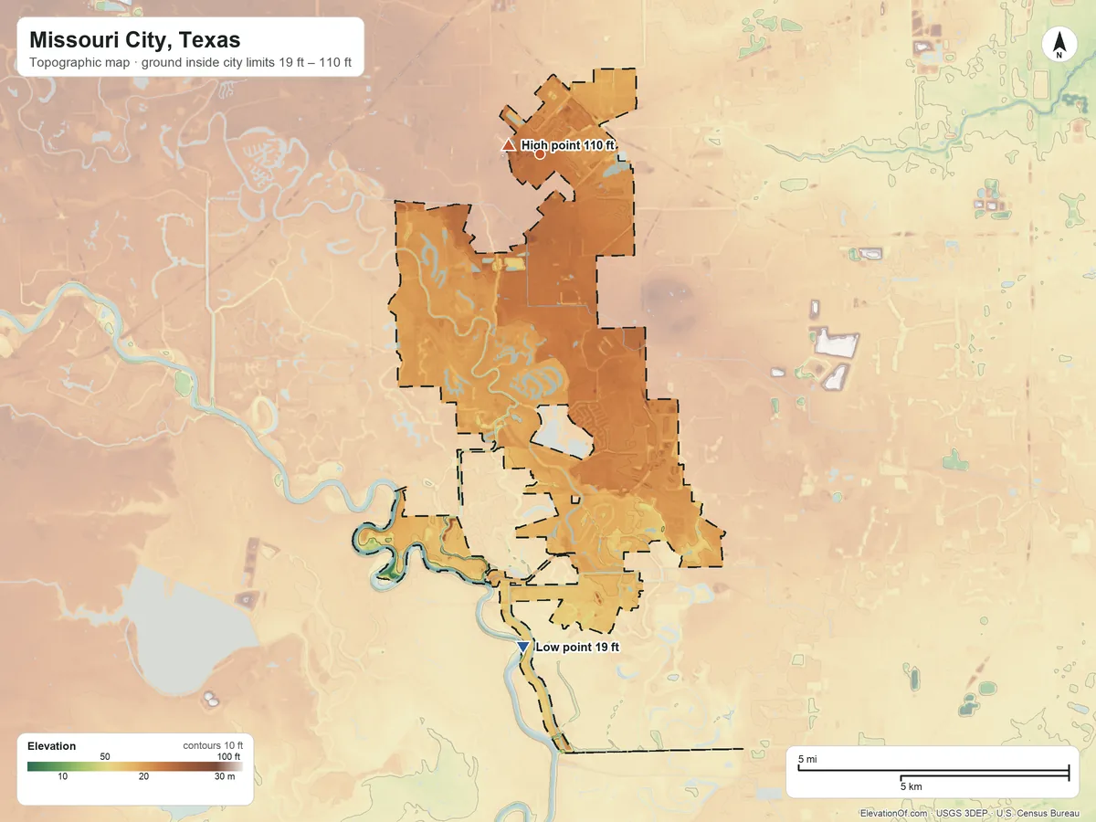 Topographic elevation map of Missouri City, Texas, shaded from 19 ft on the south side to 110 ft near the middle