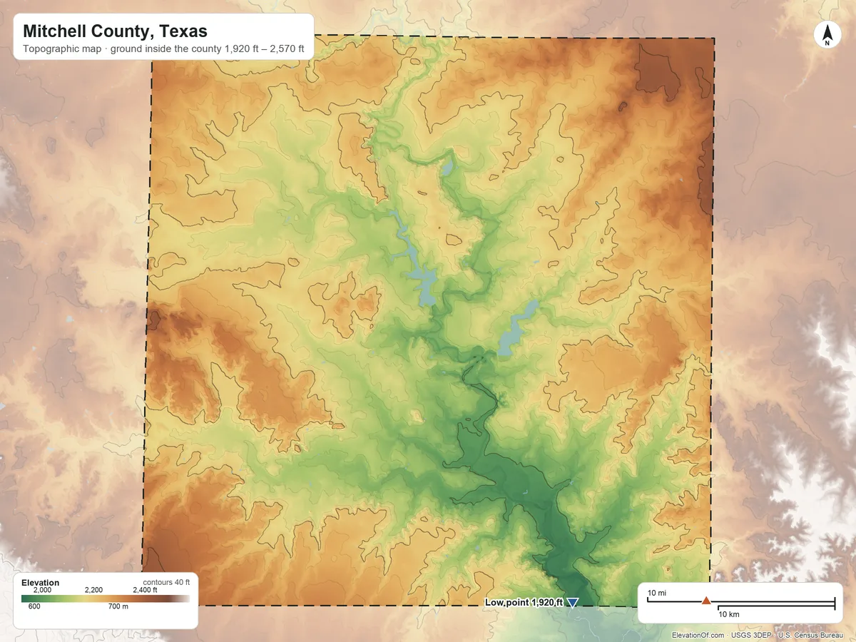 Topographic elevation map of Mitchell County, Texas, shaded from 1,920 ft on the southeast side to 2,570 ft on Stepp Mountain