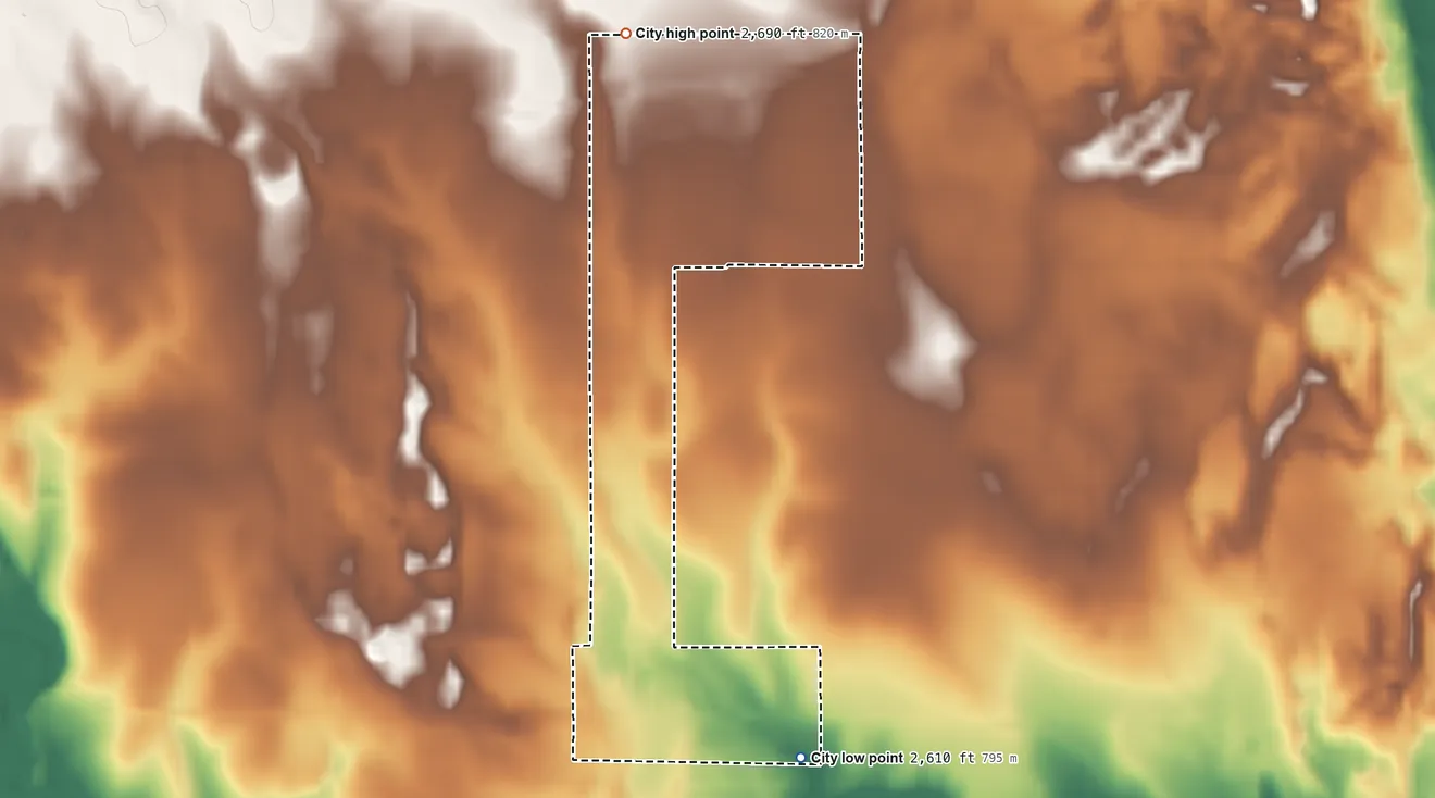 Topographic elevation map of Mobeetie, Texas, shaded from 2,610 ft on the south side to 2,690 ft on the north side