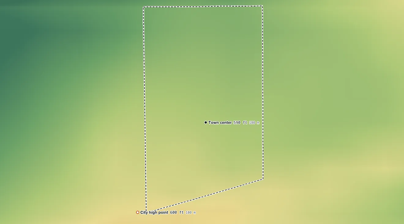 Topographic elevation map of Mobile City, Texas, shaded from 580 ft on the northwest side to 600 ft on the southwest side