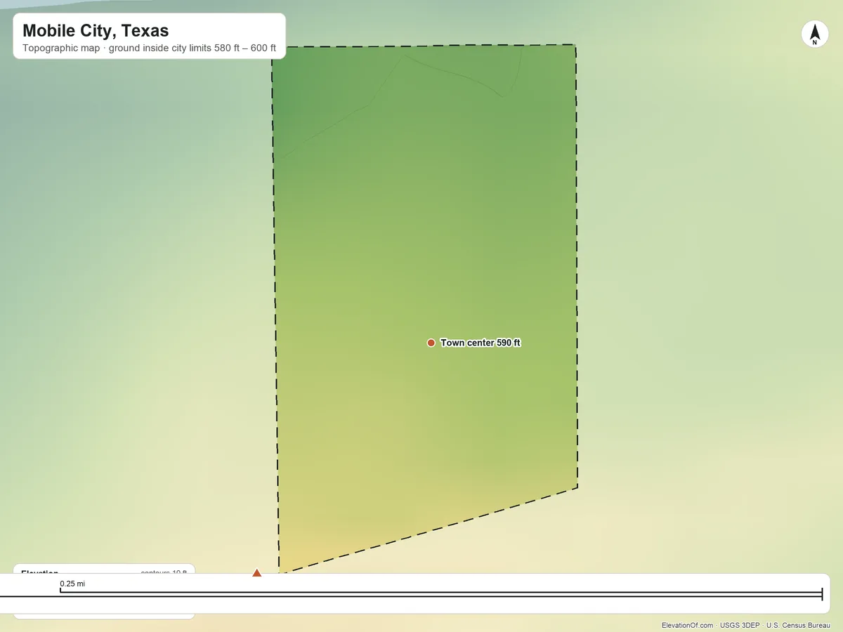 Topographic elevation map of Mobile City, Texas, shaded from 580 ft on the northwest side to 600 ft on the southwest side