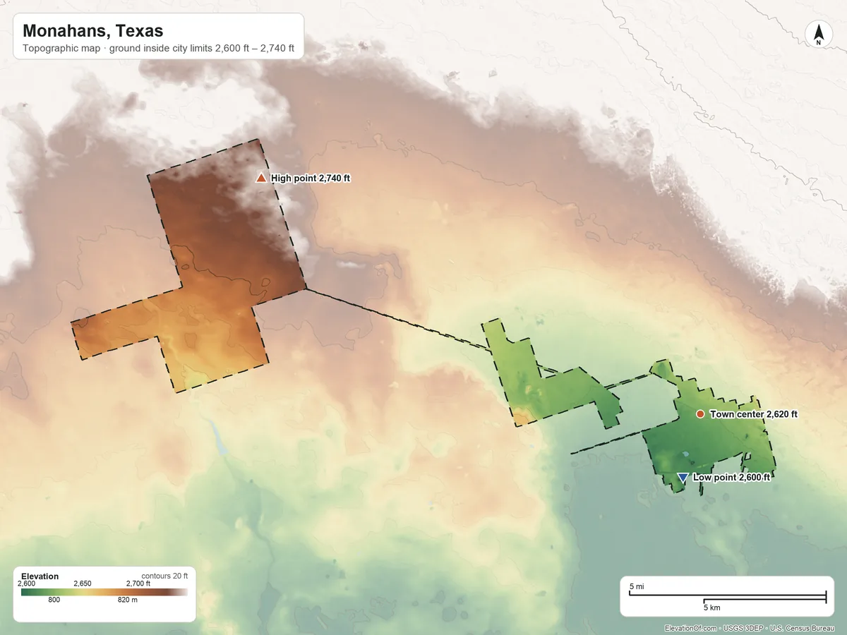 Topographic elevation map of Monahans, Texas, shaded from 2,600 ft near the middle to 2,740 ft on the northwest side