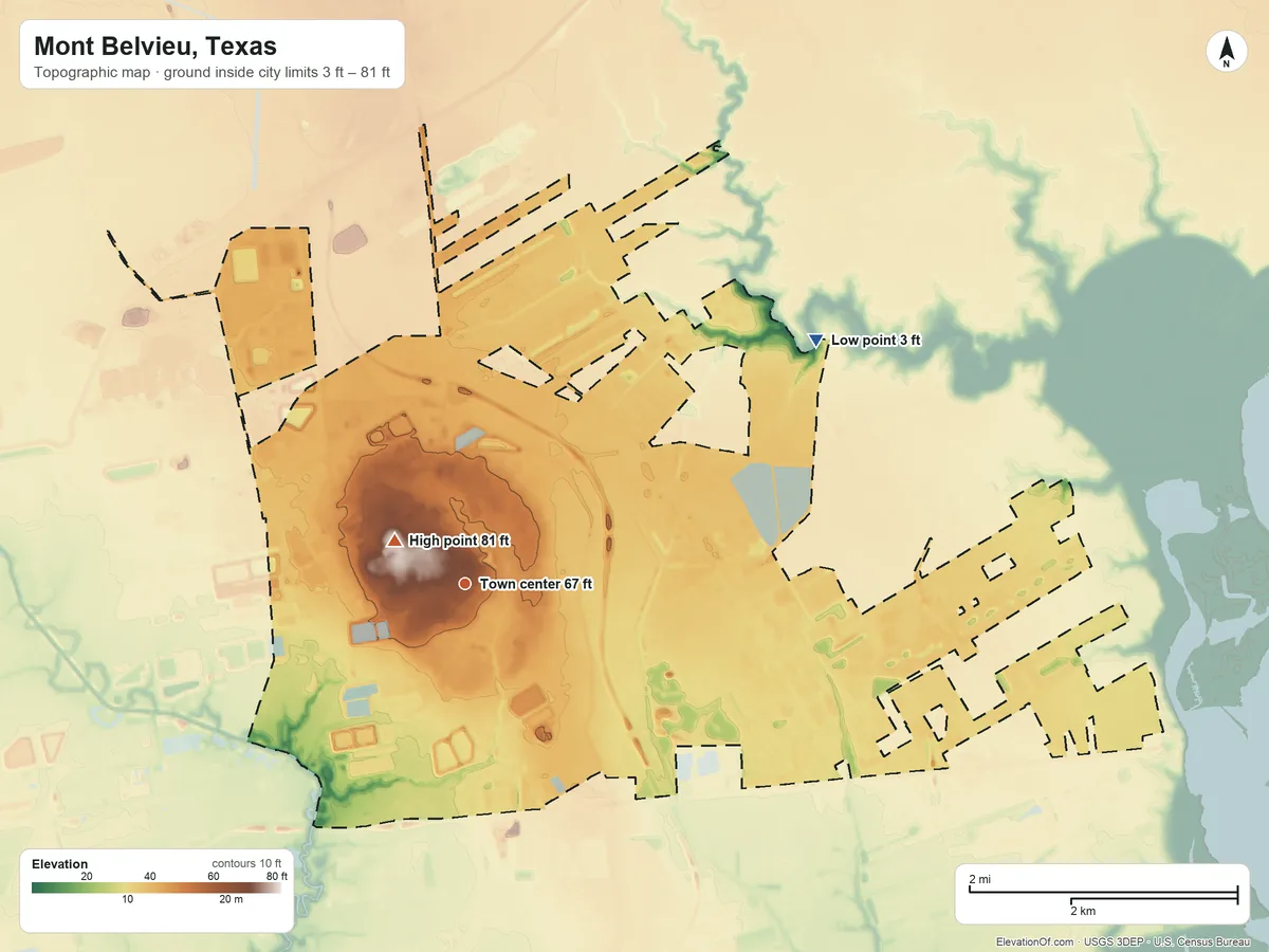 Topographic elevation map of Mont Belvieu, Texas, shaded from 3 ft on the northeast side to 81 ft on Barbers Hill
