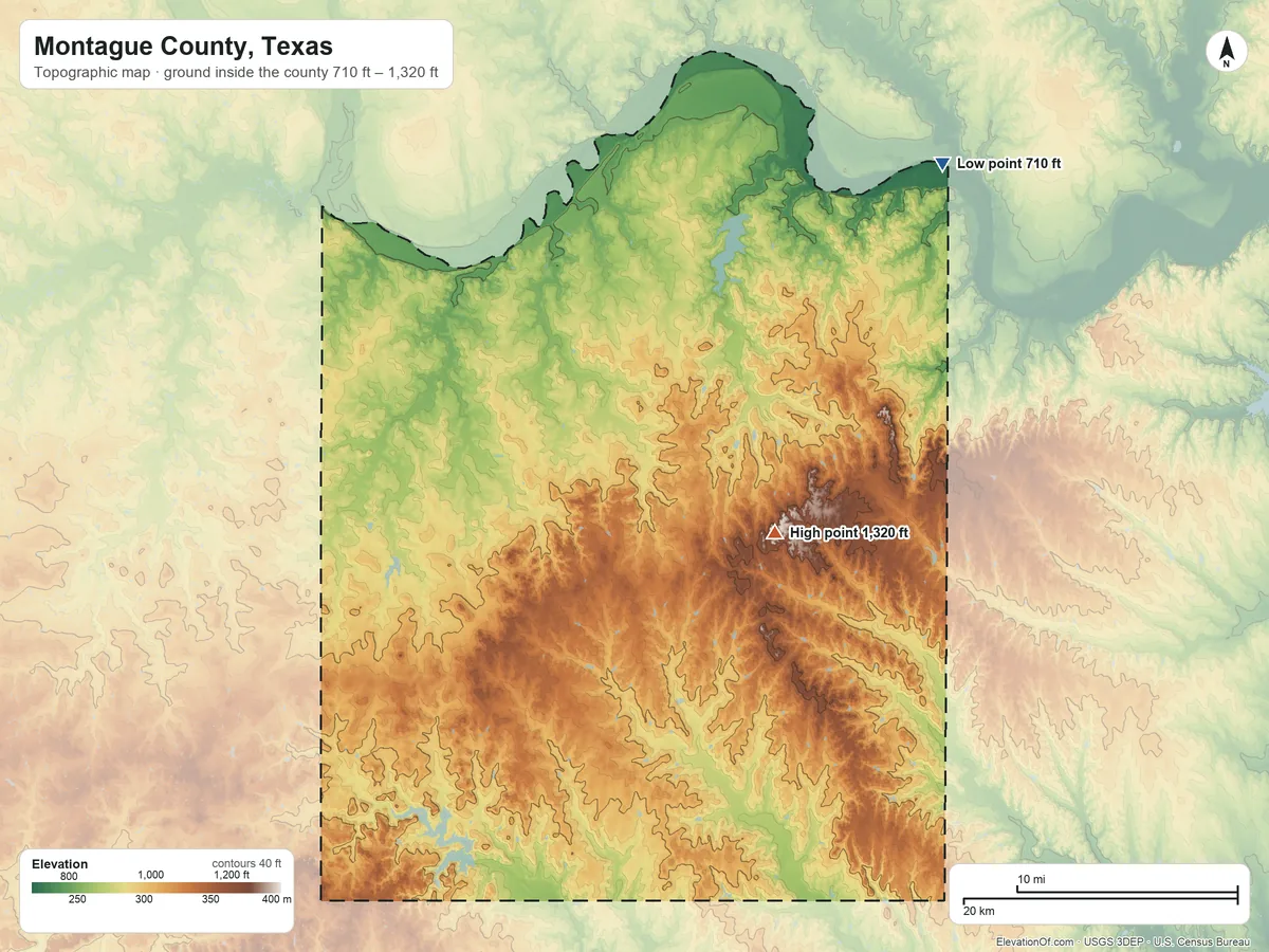 Topographic elevation map of Montague County, Texas, shaded from 710 ft on the northeast side to 1,320 ft on the east side