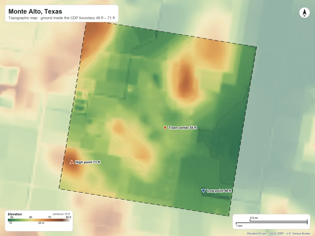 Topographic elevation map of Monte Alto, Texas, shaded from 48 ft on the southeast side to 71 ft on the west side