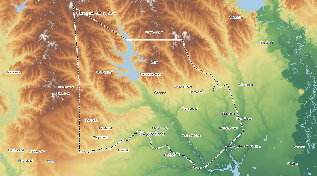 Topographic elevation map of Montgomery County, Texas, shaded from 42 ft on the southeast side to 430 ft on the northwest side