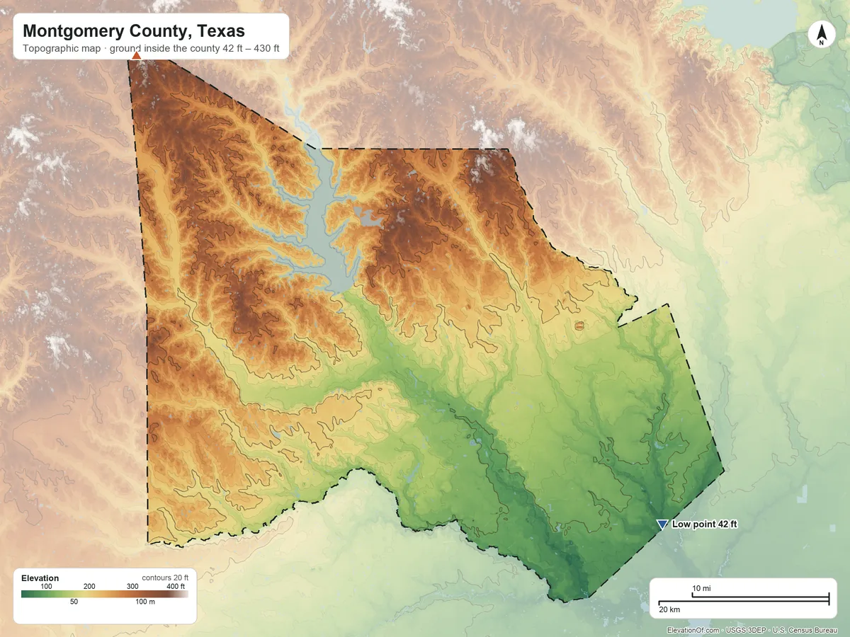 Topographic elevation map of Montgomery County, Texas, shaded from 42 ft on the southeast side to 430 ft on the northwest side