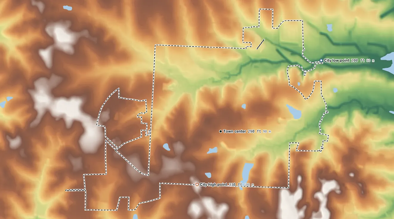Topographic elevation map of Montgomery, Texas, shaded from 200 ft on the northeast side to 330 ft on the southwest side