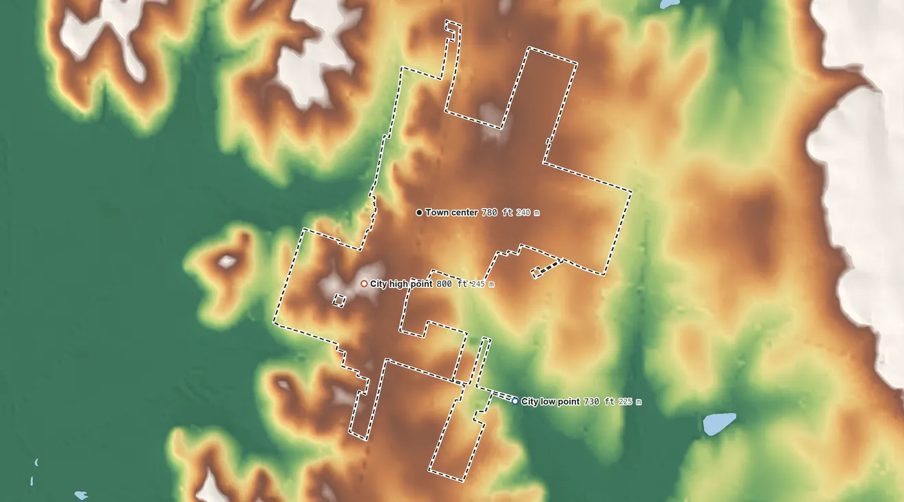 Topographic elevation map of Moody, Texas, shaded from 730 ft on the southeast side to 800 ft on the southwest side