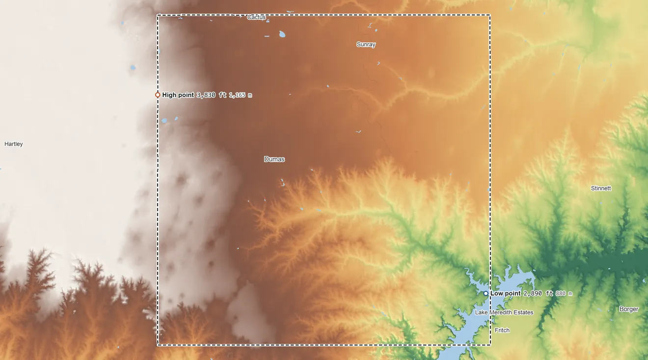 Topographic elevation map of Moore County, Texas, shaded from 2,890 ft on the southeast side to 3,830 ft on the northwest side