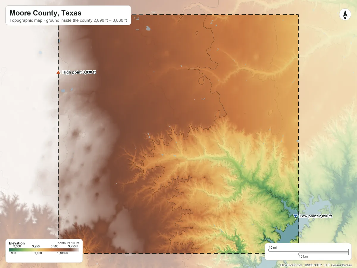 Topographic elevation map of Moore County, Texas, shaded from 2,890 ft on the southeast side to 3,830 ft on the northwest side