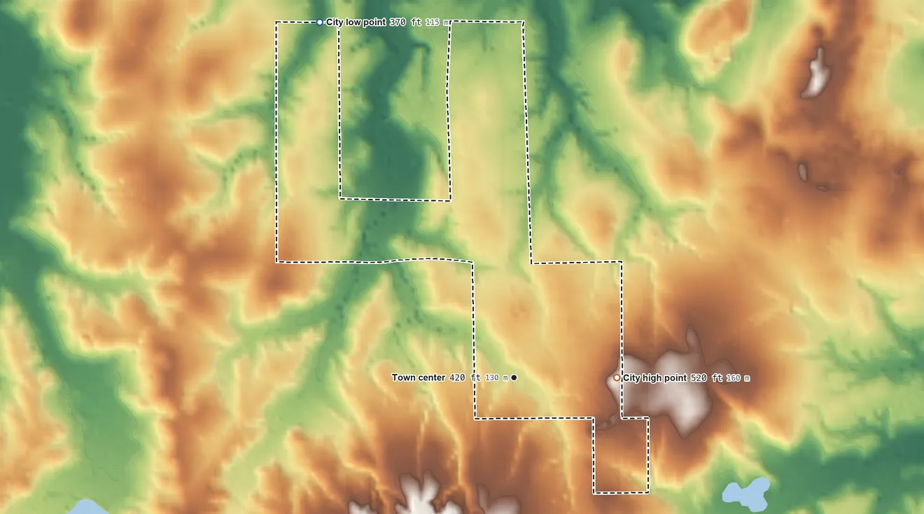 Topographic elevation map of Moore Station, Texas, shaded from 370 ft on the northwest side to 520 ft on the east side