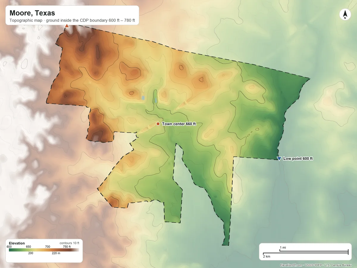 Topographic elevation map of Moore, Texas, shaded from 600 ft on the east side to 780 ft on the northwest side