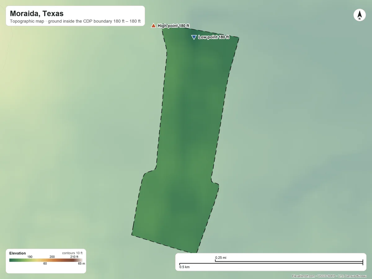 Topographic elevation map of Moraida, Texas, shaded from 180 ft on the north side to 180 ft on the north side