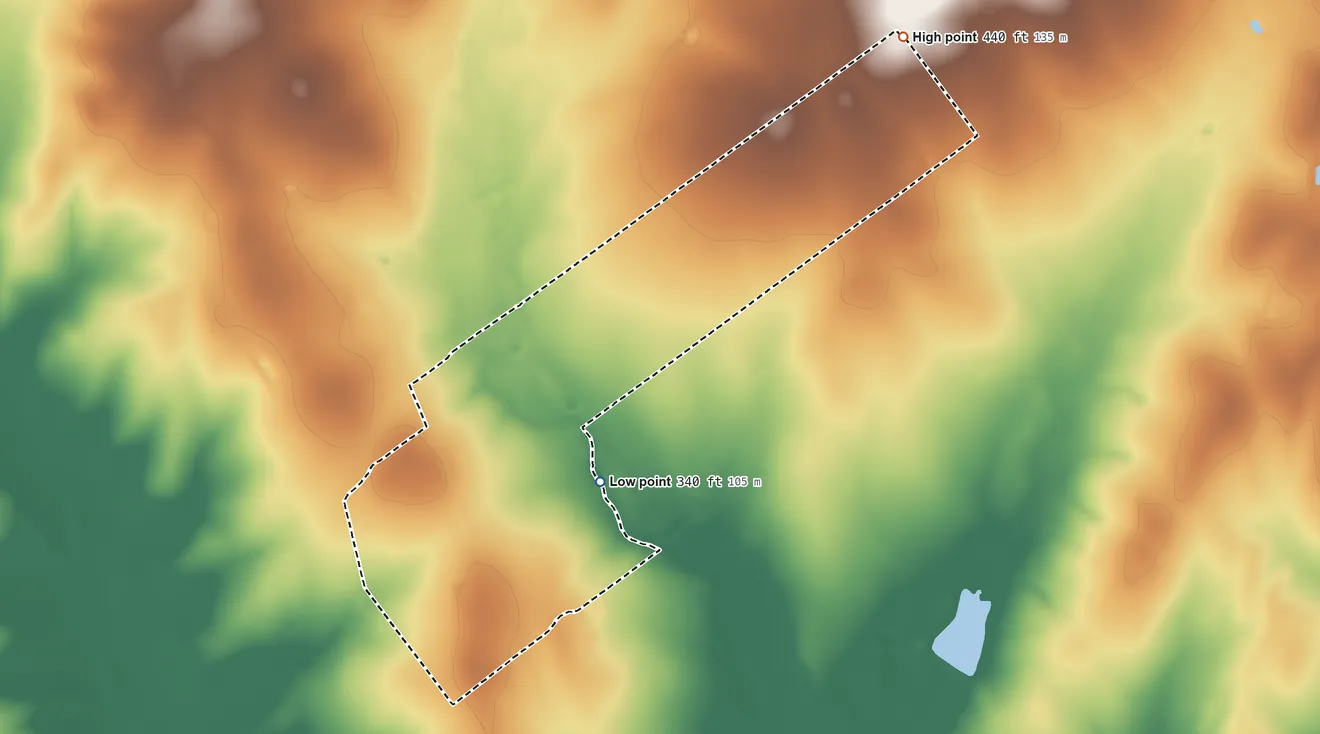 Topographic elevation map of Morales-Sanchez, Texas, shaded from 340 ft near the middle to 440 ft on the northeast side