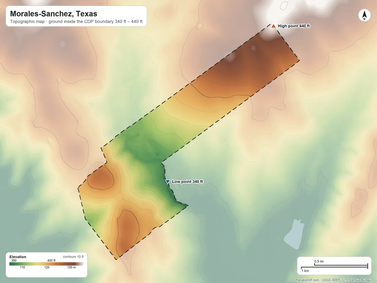 Topographic elevation map of Morales-Sanchez, Texas, shaded from 340 ft near the middle to 440 ft on the northeast side