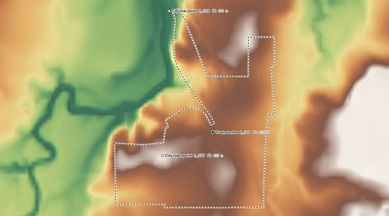 Topographic elevation map of Moran, Texas, shaded from 1,320 ft on the north side to 1,370 ft on the southwest side