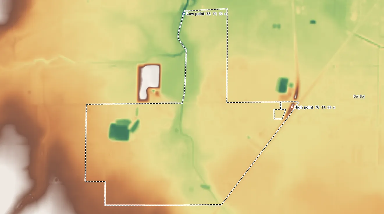 Topographic elevation map of Morgan Farm, Texas, shaded from 38 ft on the north side to 76 ft on the east side